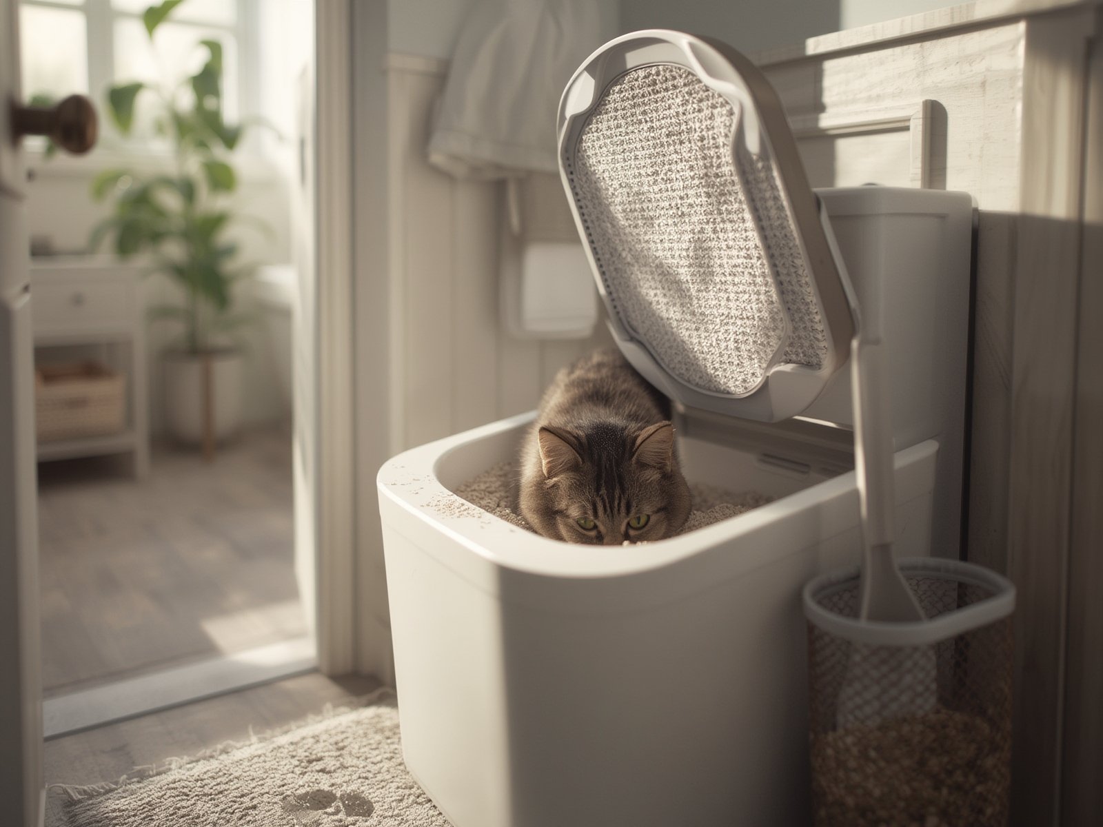High sided cat litter box in action with scoop storage